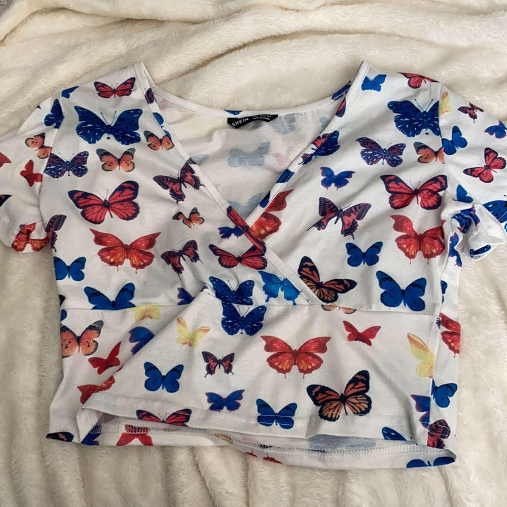 white butterfly crop top